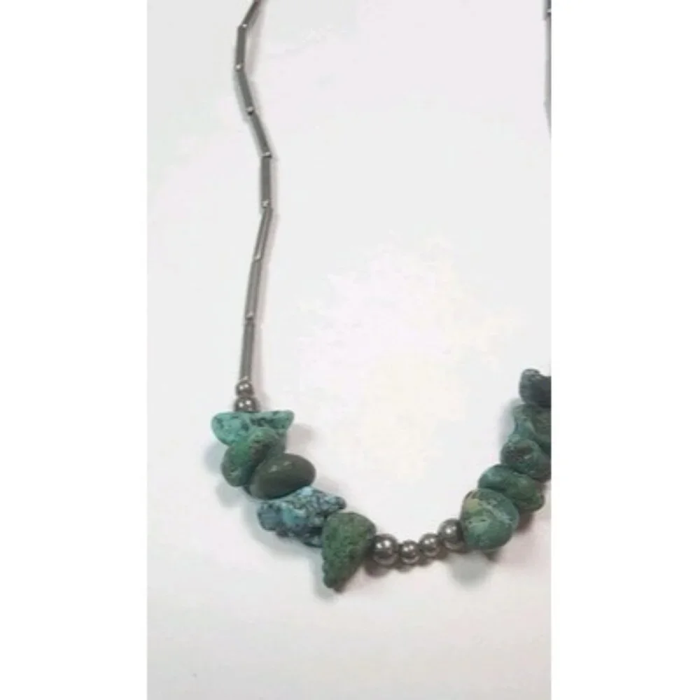 Vintage Native American Indian Liquid silver w/10 turquoise stones‎ necklace 17